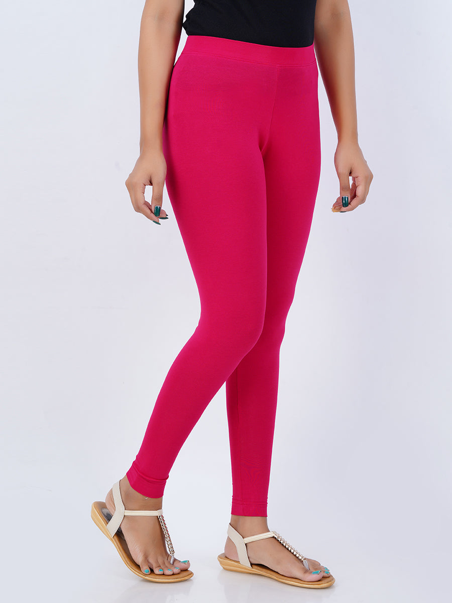 Ankle Fit Mixed Cotton with Spandex Stretchable Leggings Pink-Side view