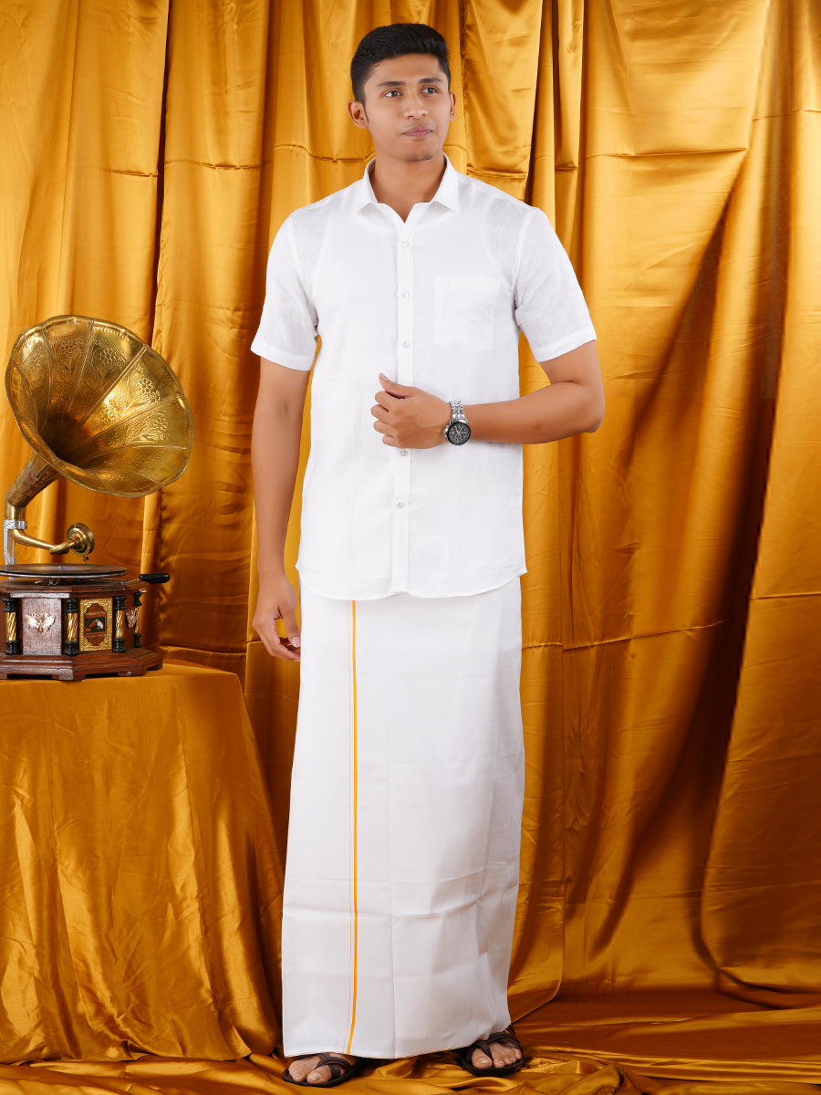 Mens Premium White Dhoti & Half Sleeve Shirt Right Man Set-Front view