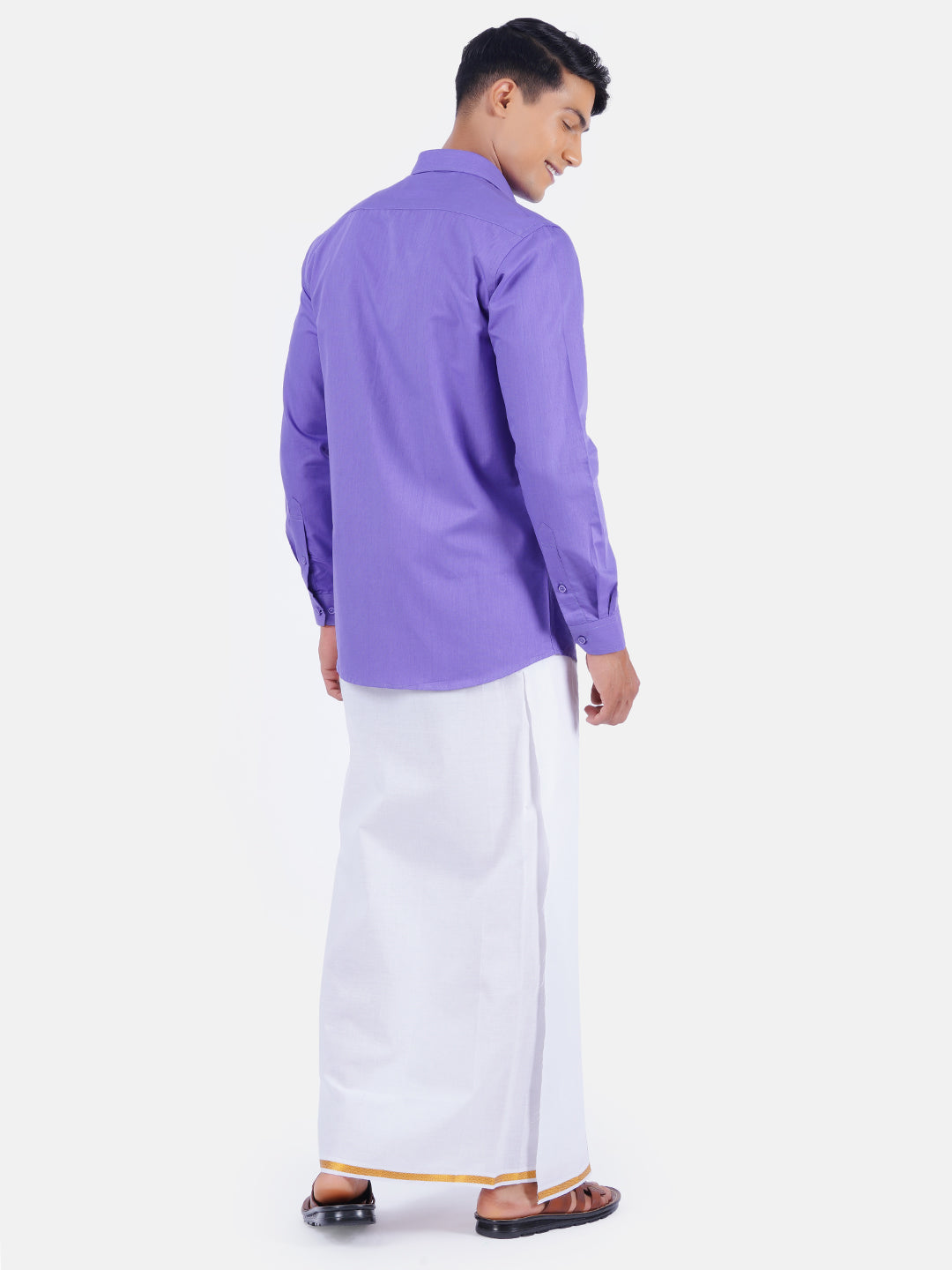 Mens Cotton Full Sleeves Shirt with 3/4'' Gold Jari Dhoti Combo-Backv iew
