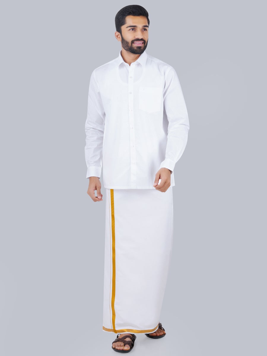 Mens Cotton White Full Sleeves Plus Shirt with 3/4''Jari Dhoti