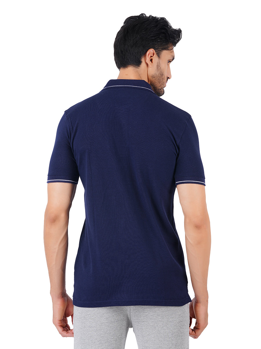 Cotton Blend Polo T-Shirt Navy with Chest Pocket-Back view