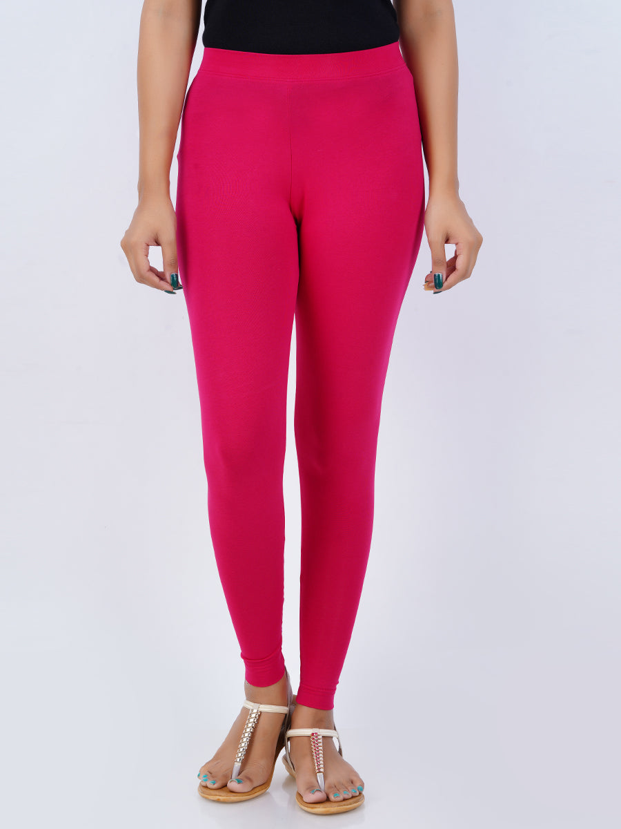 Ankle Fit Mixed Cotton with Spandex Stretchable Leggings Pink-Front view