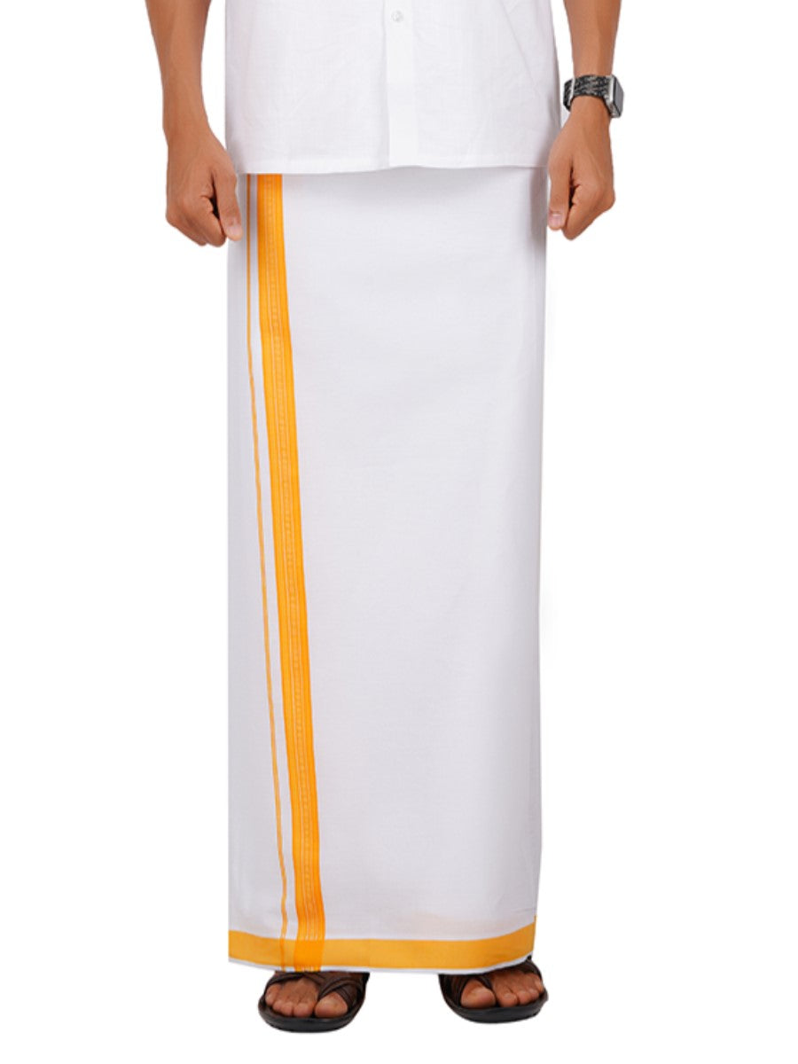 Men Readymade Adjustable White with Fancy Border Dhoti Yellow