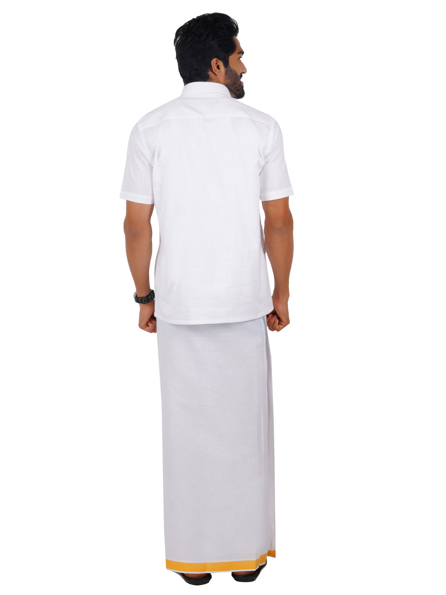 Men Readymade Adjustable White with Fancy Border Dhoti Yellow