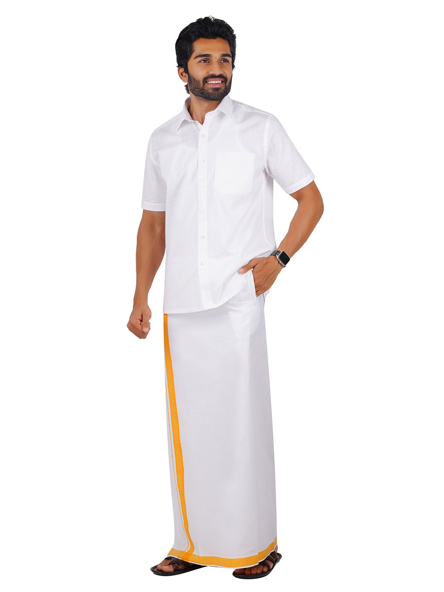 Men Readymade Adjustable White with Fancy Border Dhoti Yellow