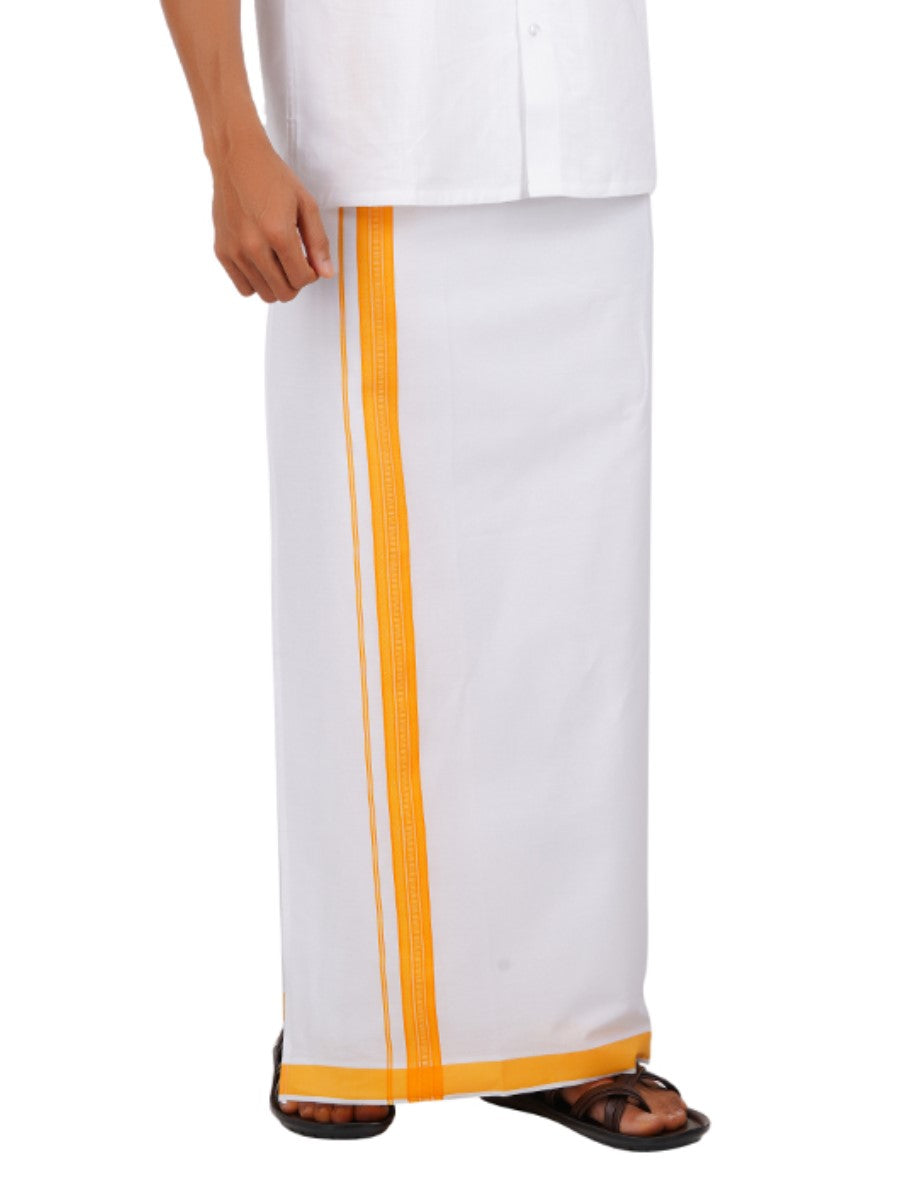 Men Readymade Adjustable White with Fancy Border Dhoti Yellow