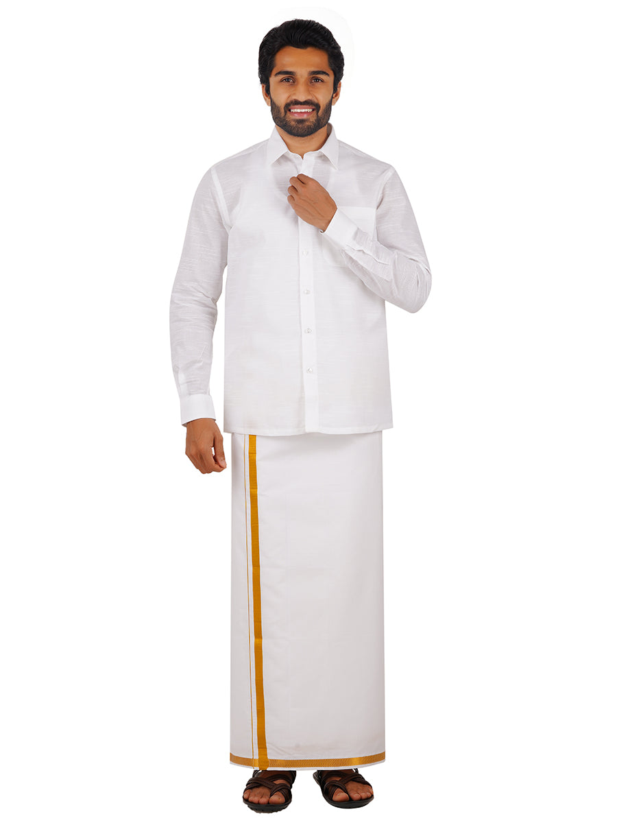 Mens Double Dhoti White with Gold Jari 3/4" Gold Twix-Full view