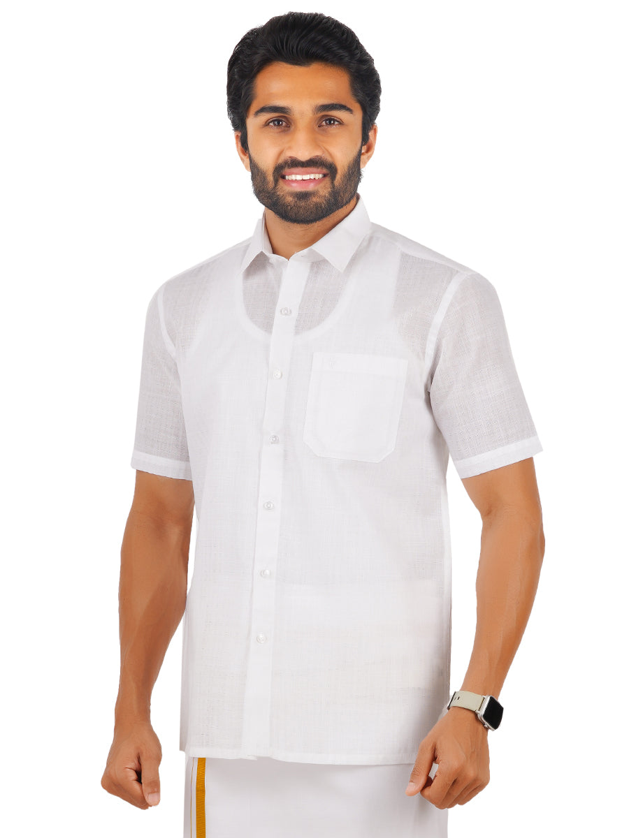 Mens Poly Cotton White Shirt Half Sleeves Celebrity White V3 -Front view