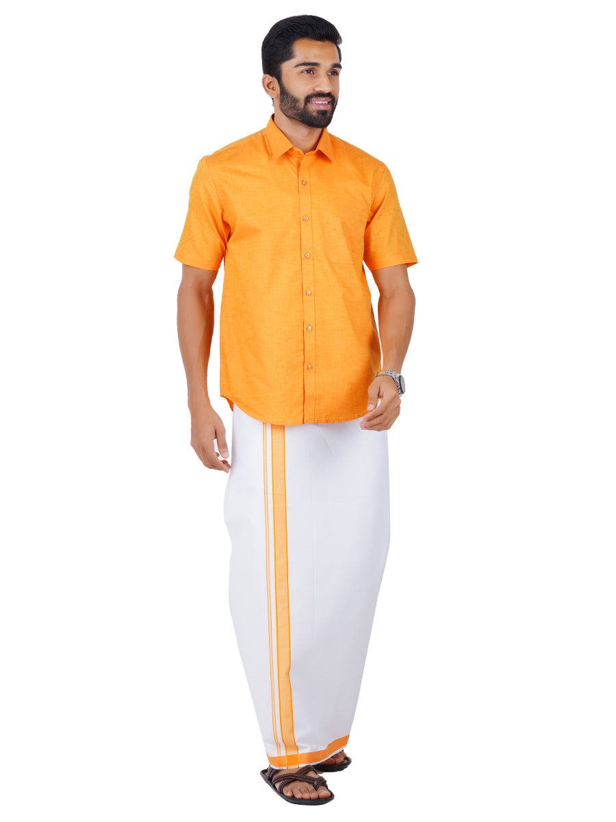 Mens Readymade Adjustable Dhoti with Matching Shirt Half Yellow C3-Front view
