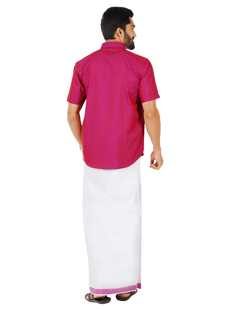 Mens Fancy Border Dhoti & Shirt Set Half Sleeves Purple G111-Back view