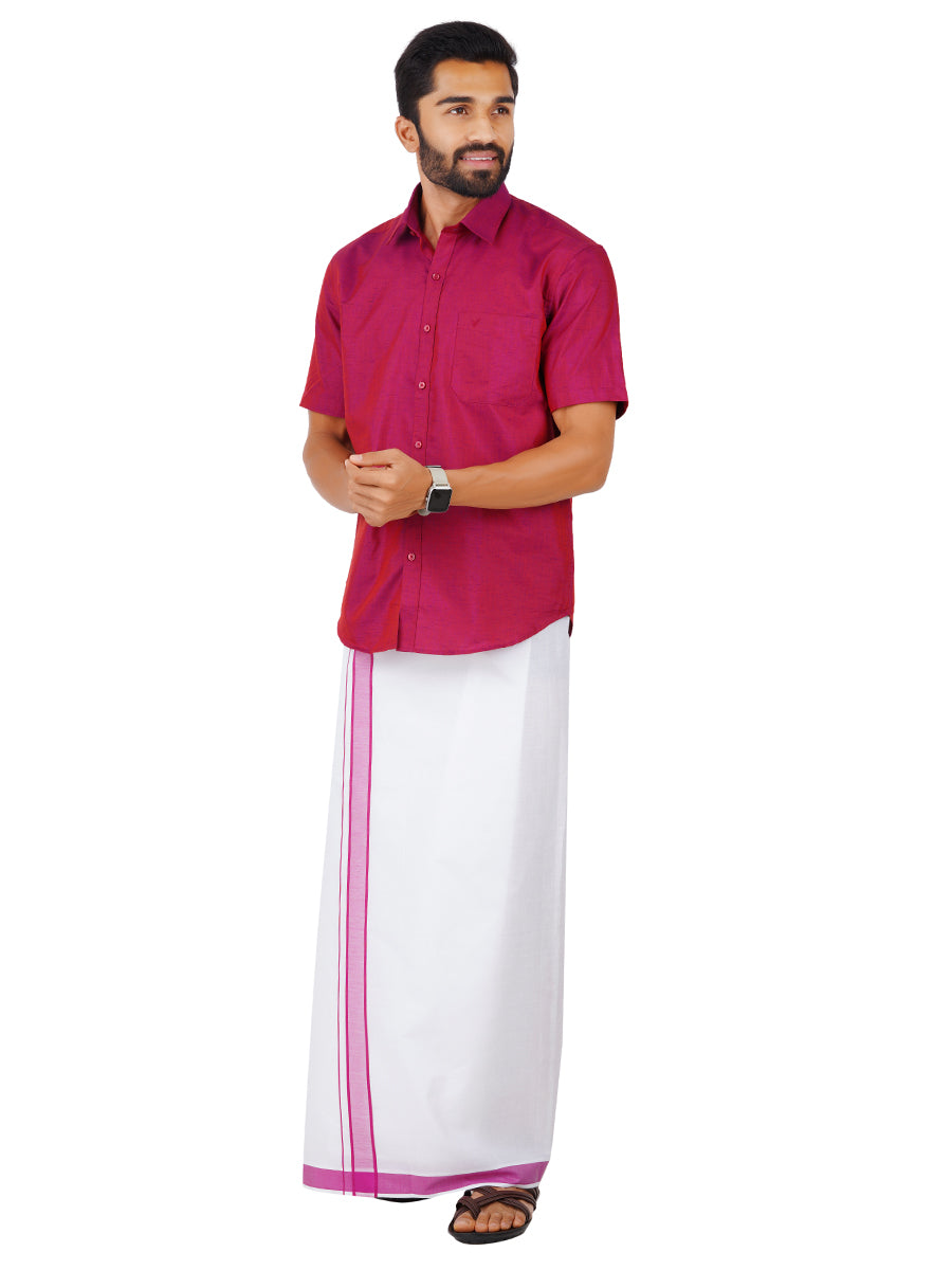 Mens Fancy Border Dhoti & Shirt Set Half Sleeves Purple G111