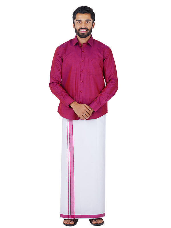 Mens Fancy Border Dhoti & Shirt Set Full Sleeves Purple G111