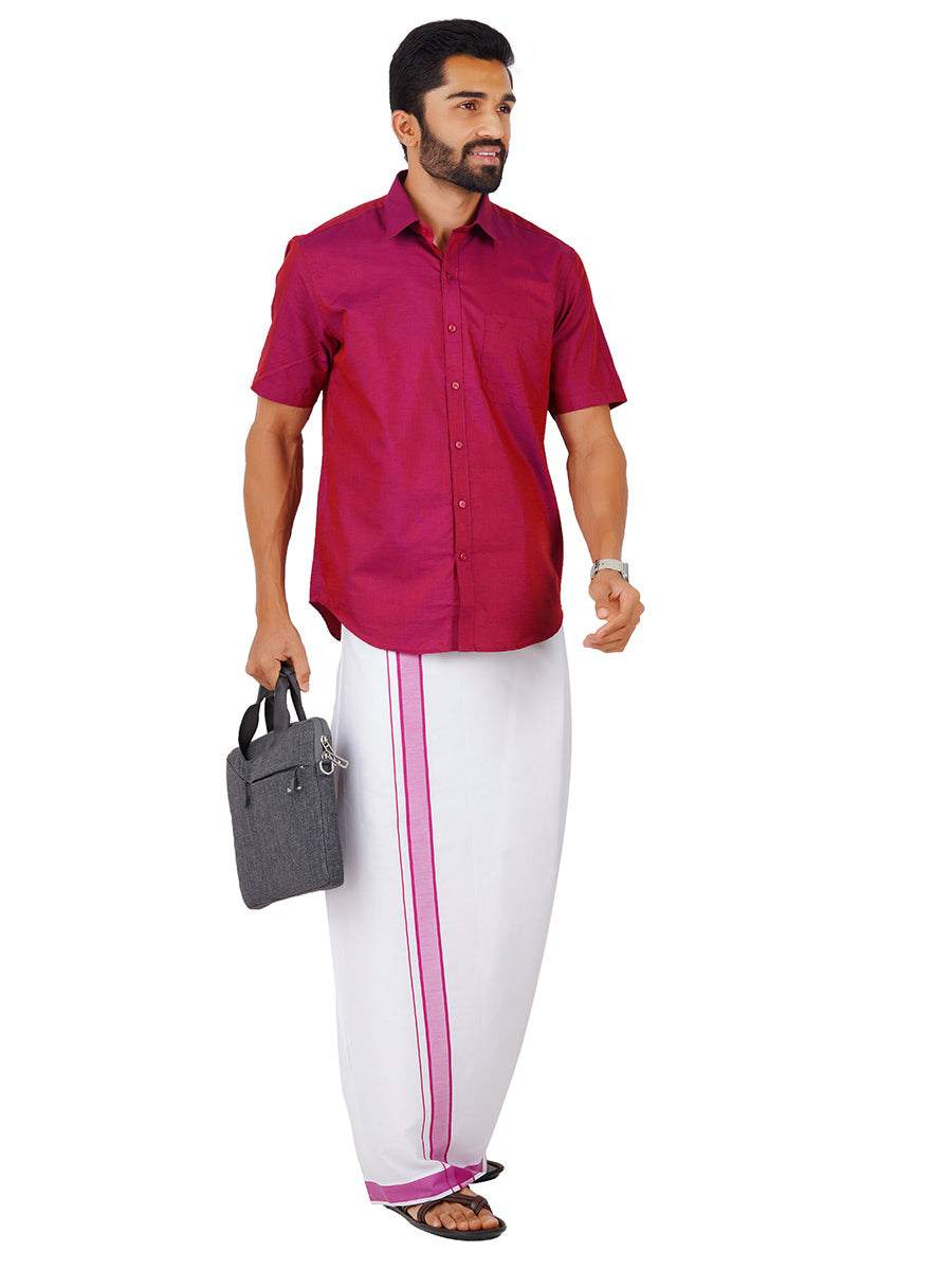 Mens Fancy Border Dhoti & Shirt Set Half Sleeves Purple G111-Side view