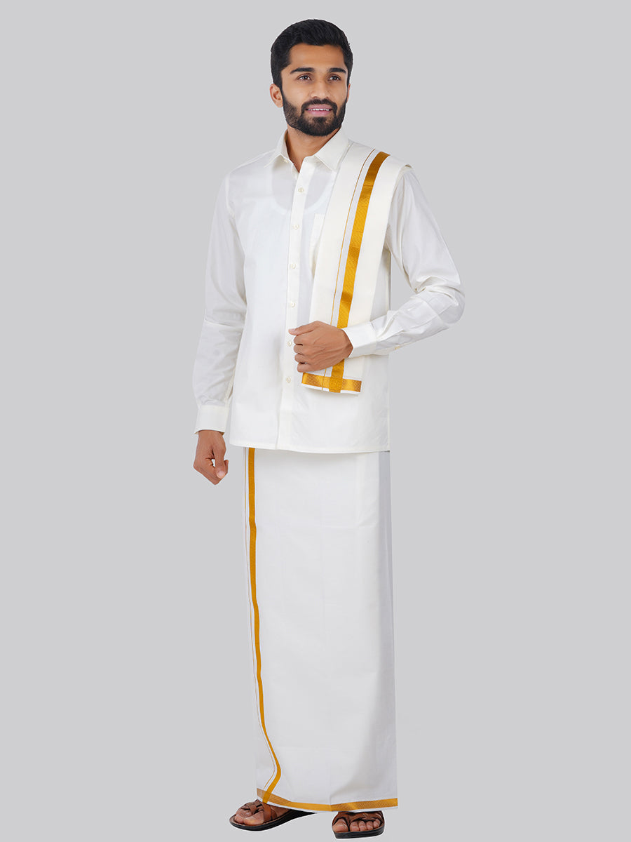 Mens Wedding Set White Regular Dhoti, Shirt & Towel-Front view