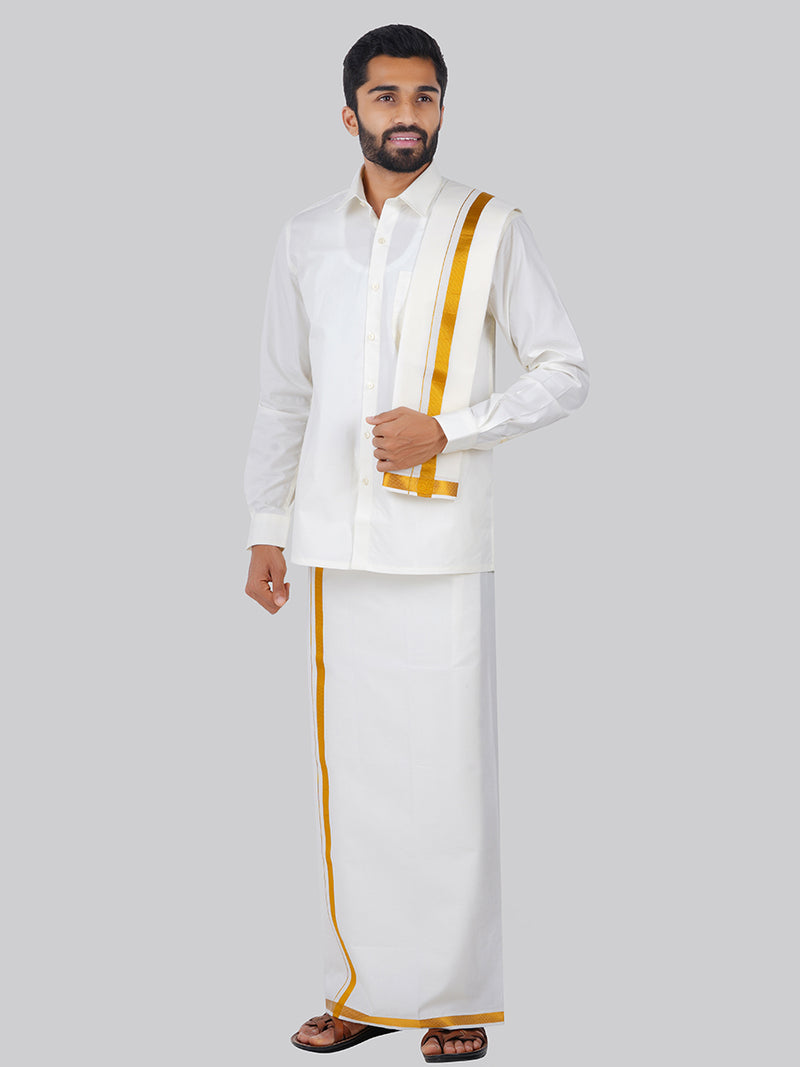 Mens Wedding Set White Regular Dhoti, Shirt & Towel