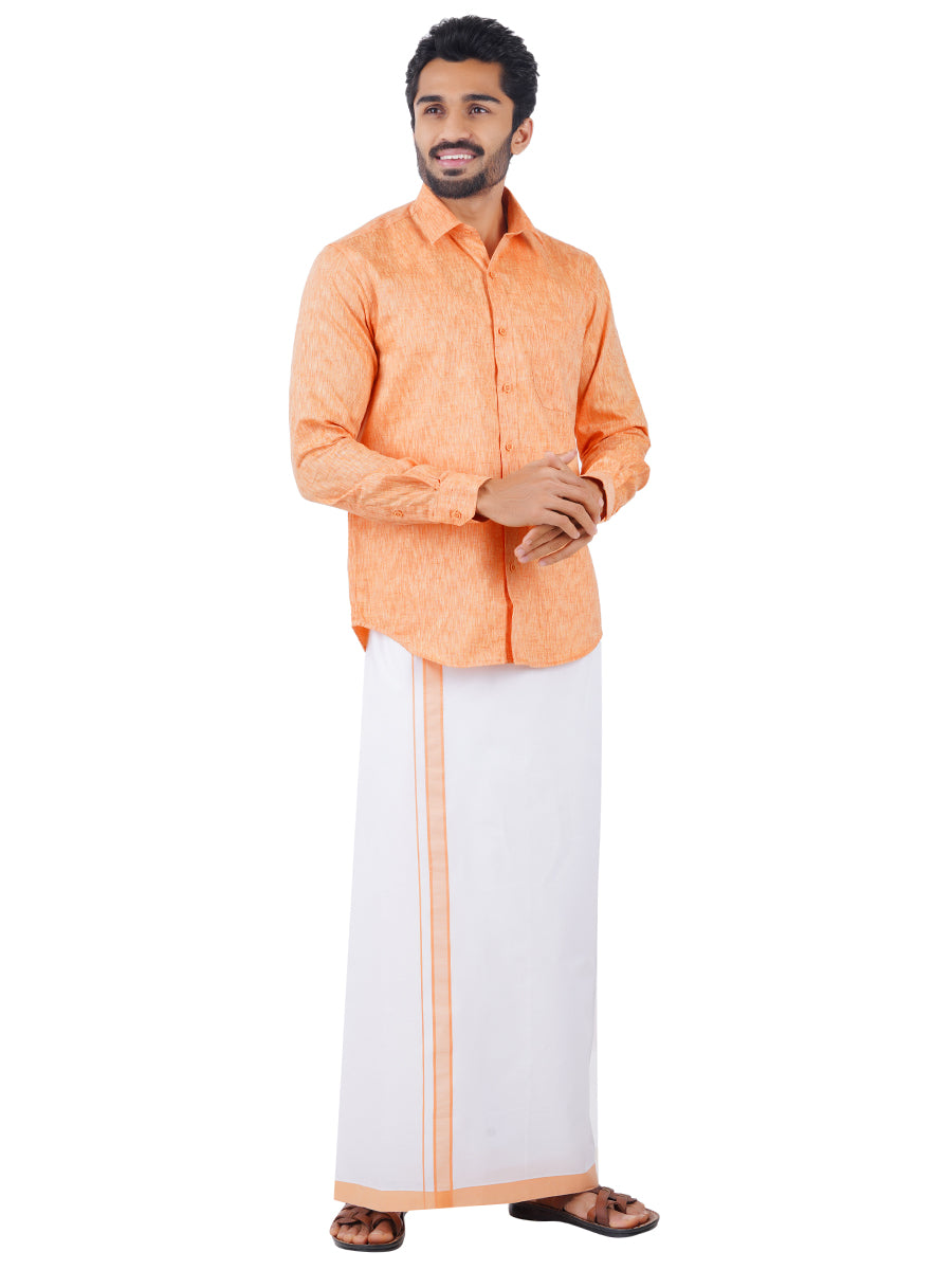 Mens Matching Border Dhoti & Shirt Set Full Orange C2-Front view