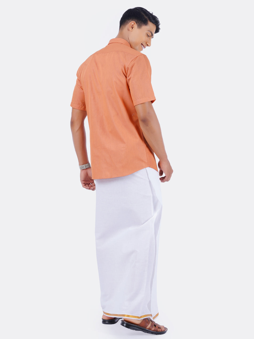 Mens Cotton Half Sleeves Shirt with 1/2'' Gold Jari Dhoti Combo-Bck view