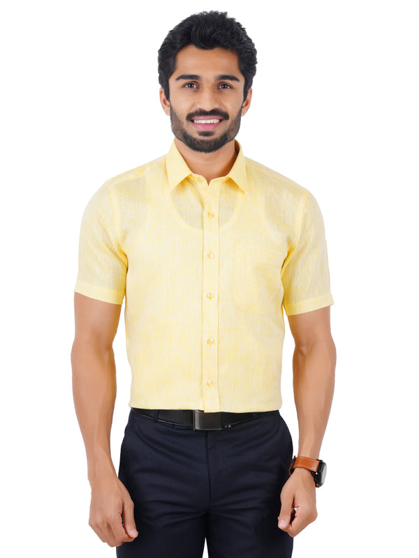 Mens Pure Linen Half Sleeves Shirt Light Yellow