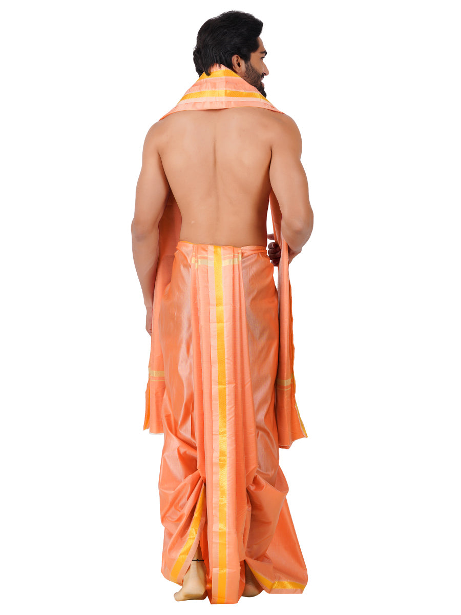 Mens Art Silk Panchakacham with Angavastram Sankaranthi Gold 50K (9+5) L.Orange-Back View