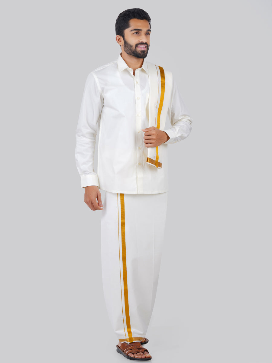 Mens Wedding Set White Regular Dhoti, Shirt & Towel-Full view
