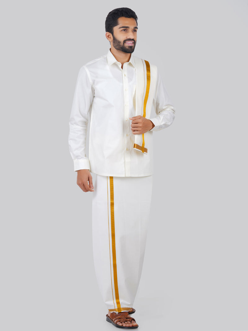 Mens Wedding Set White Regular Dhoti, Shirt & Towel