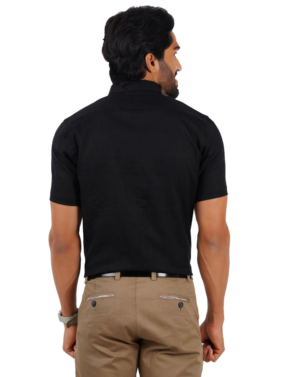 Mens Pure Linen Half Sleeves Black Shirt-Back view