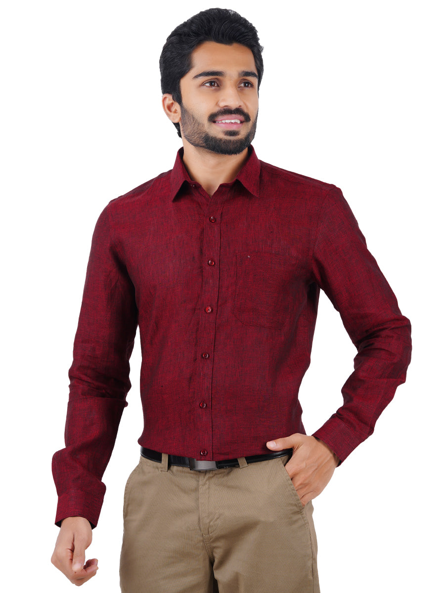 Mens Pure Linen Full Sleeves Shirt Maroon-Front view