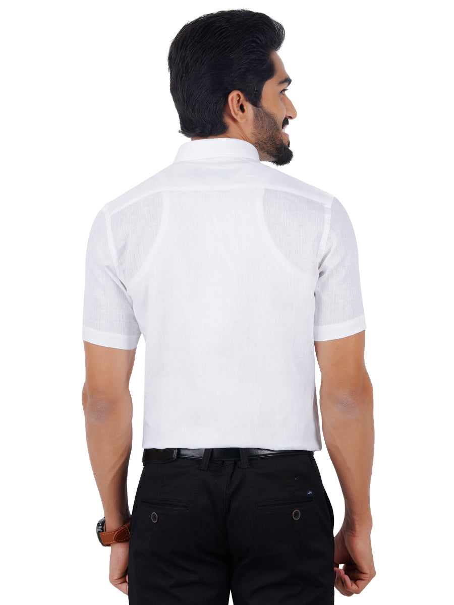 Mens 100% Pure Linen Half Sleeves White Shirt 5445-Back view