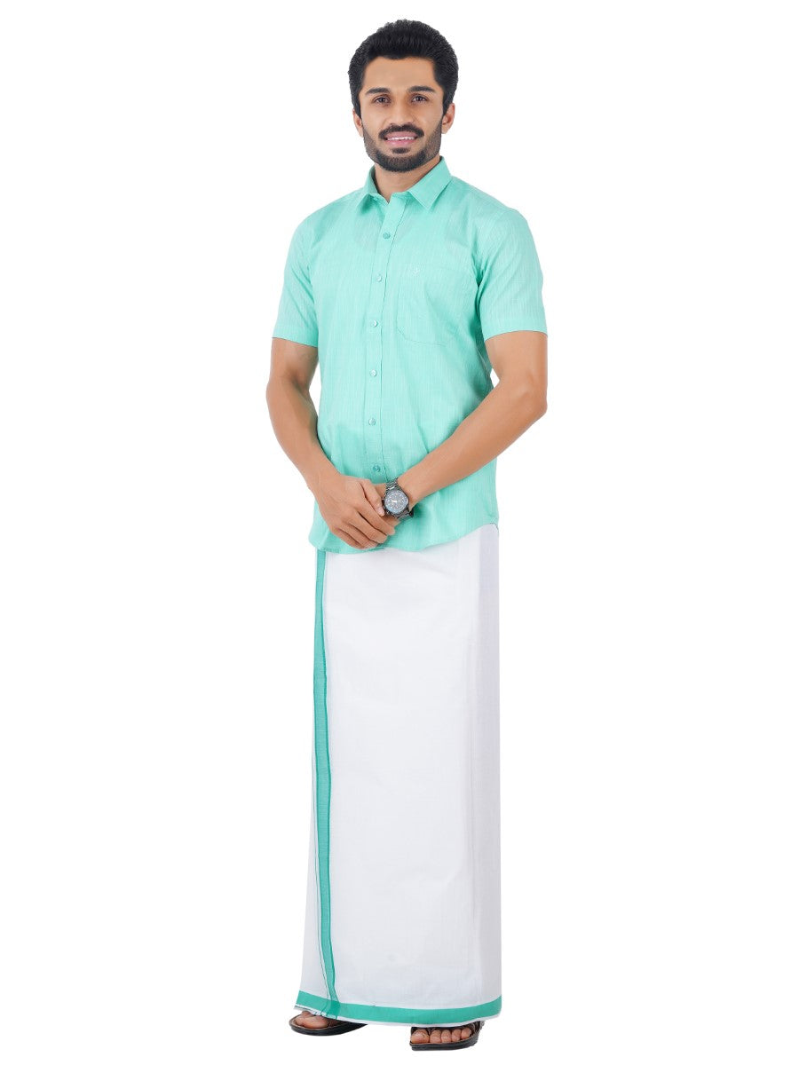 Mens Matching Border Dhoti & Shirt Set Half Blue C50-front view