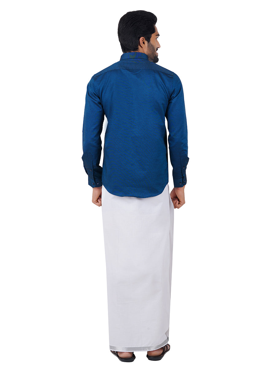 Premium Cotton Full Sleeves Cyan Shirt with 3/4''Silver Jari Dhoti