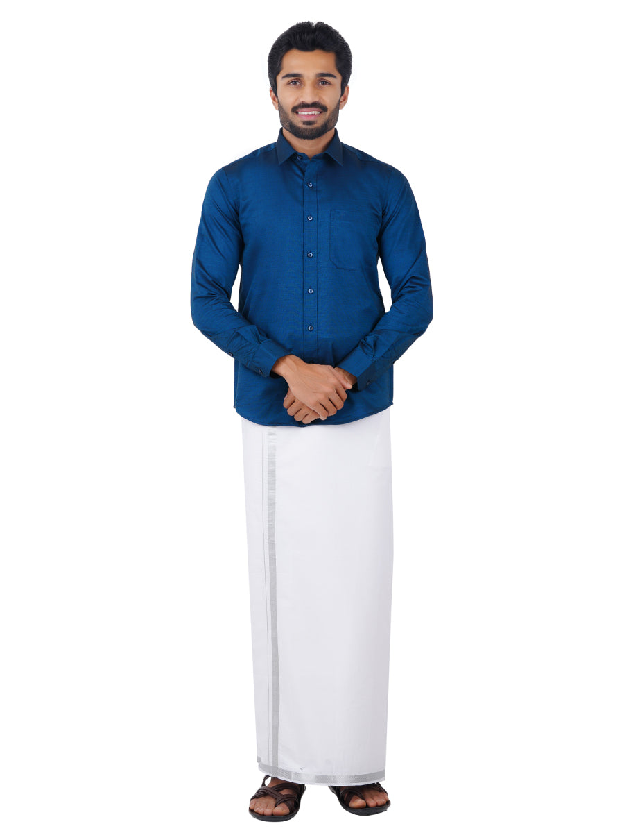 Premium Cotton Full Sleeves Cyan Shirt with 3/4''Silver Jari Dhoti