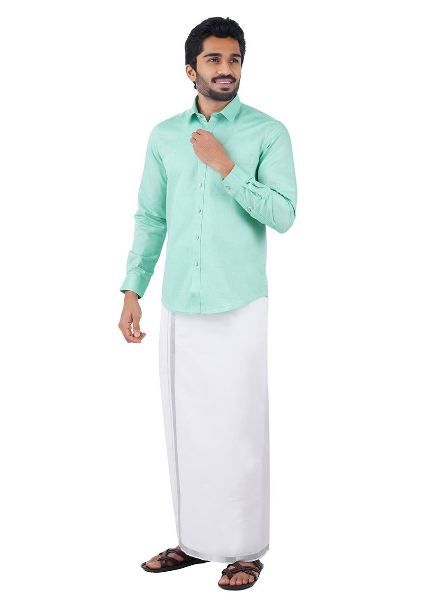 Premium Cotton Full Sleeves Green Shirt with 3/4''Silver Jari Dhoti