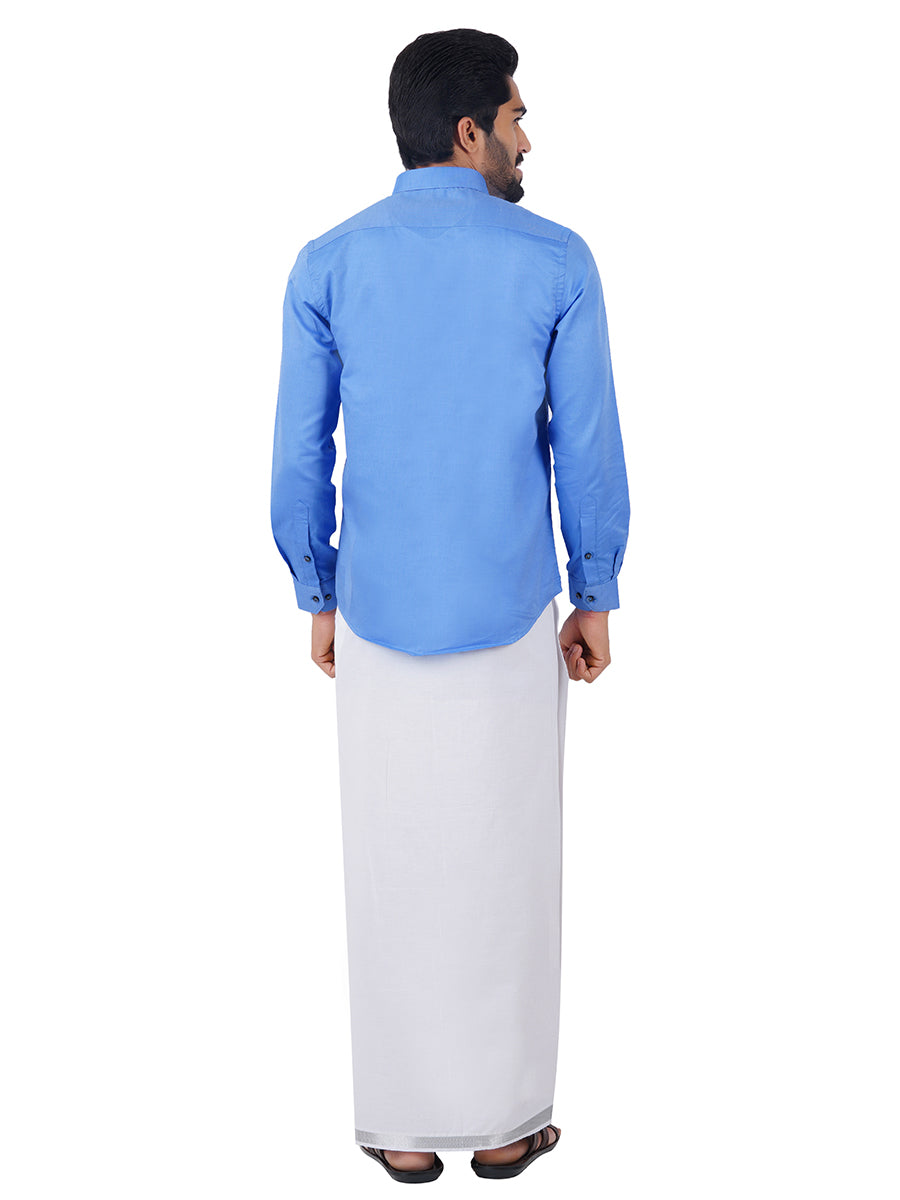 Premium Cotton Full Sleeves Blue Shirt with 3/4''Silver Jari Dhoti