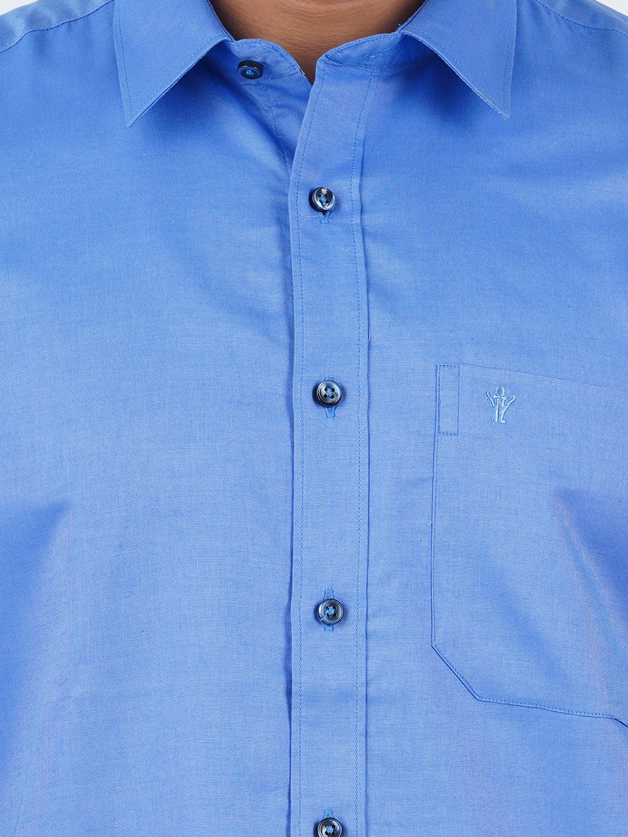 Premium Cotton Full Sleeves Blue Shirt with 3/4''Silver Jari Dhoti