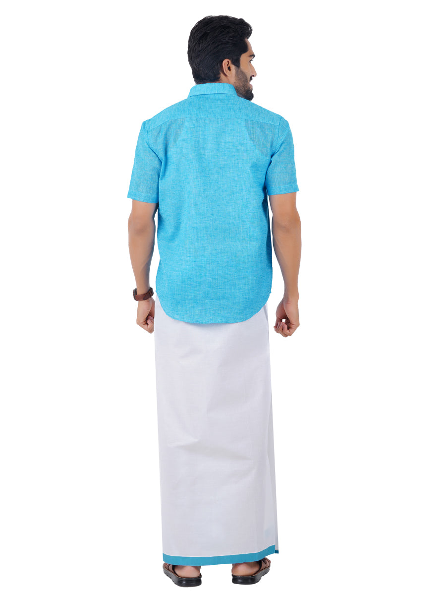 Mens Matching Border Dhoti & Half Sleeves Shirt Blue C11-Back view
