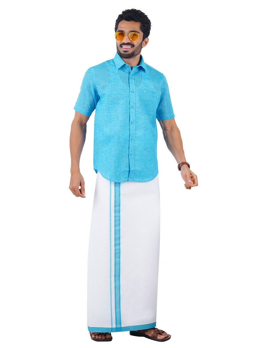 Mens Matching Border Dhoti & Half Sleeves Shirt Blue C11-Full view