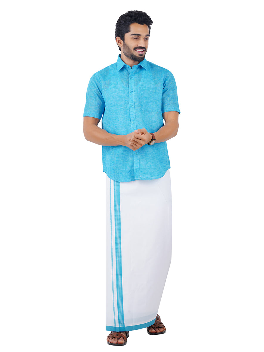 Mens Matching Border Dhoti & Half Sleeves Shirt Blue C11