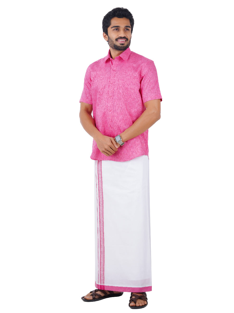 Mens Matching Border Dhoti & Shirt Set Half Pink C34-Front view