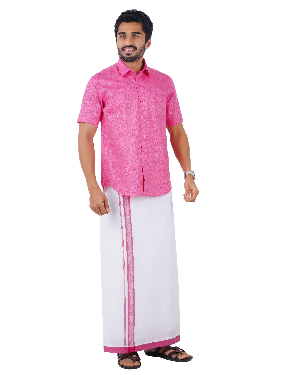 Mens Matching Border Dhoti & Shirt Set Half Pink C34-Side view