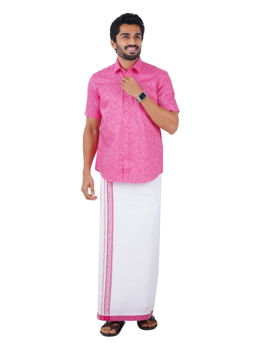 Mens Matching Border Dhoti & Shirt Set Half Pink C34