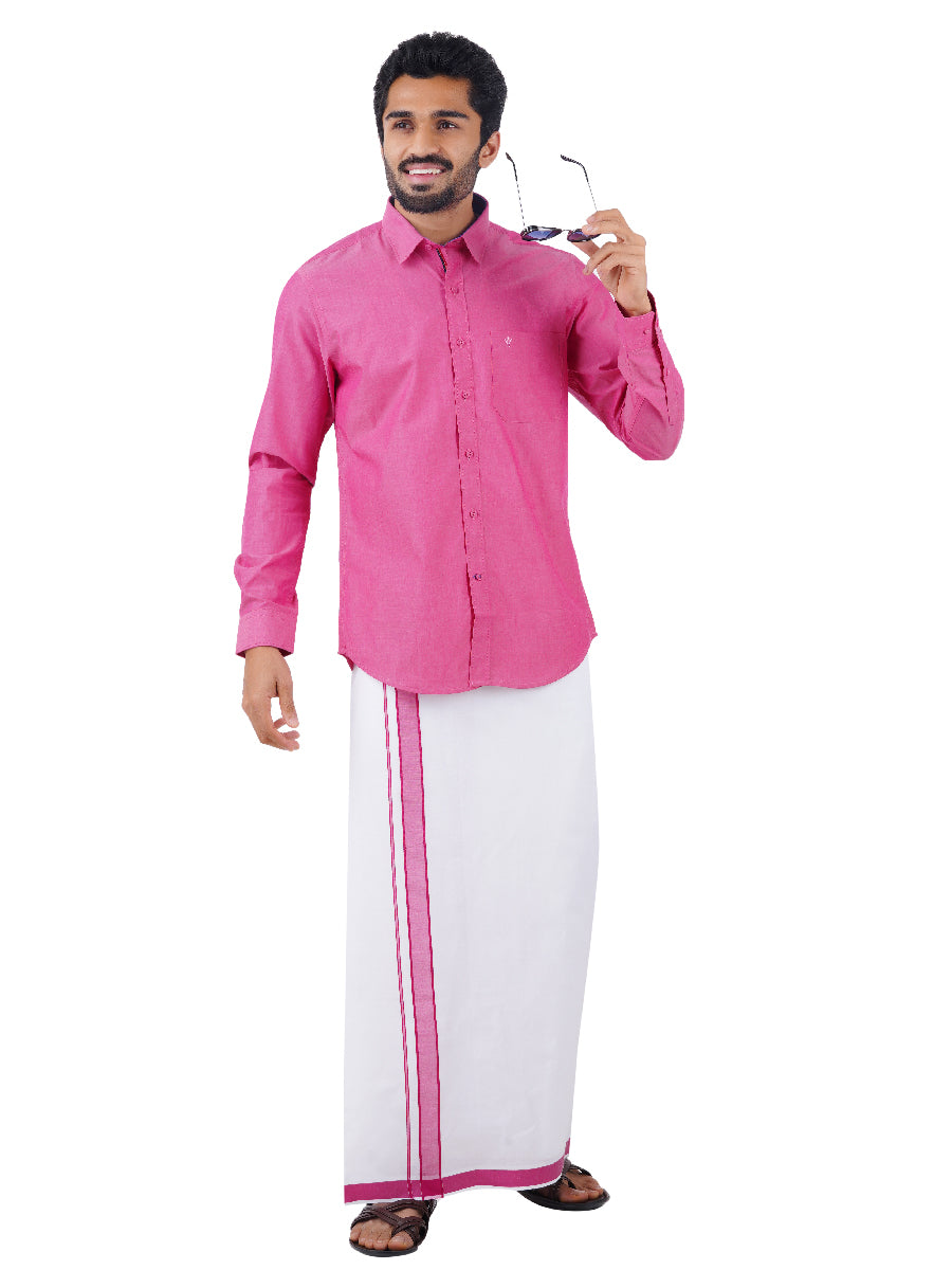 Mens Fancy Border Dhoti & Shirt Set Full Sleeves Pink G110-Full view