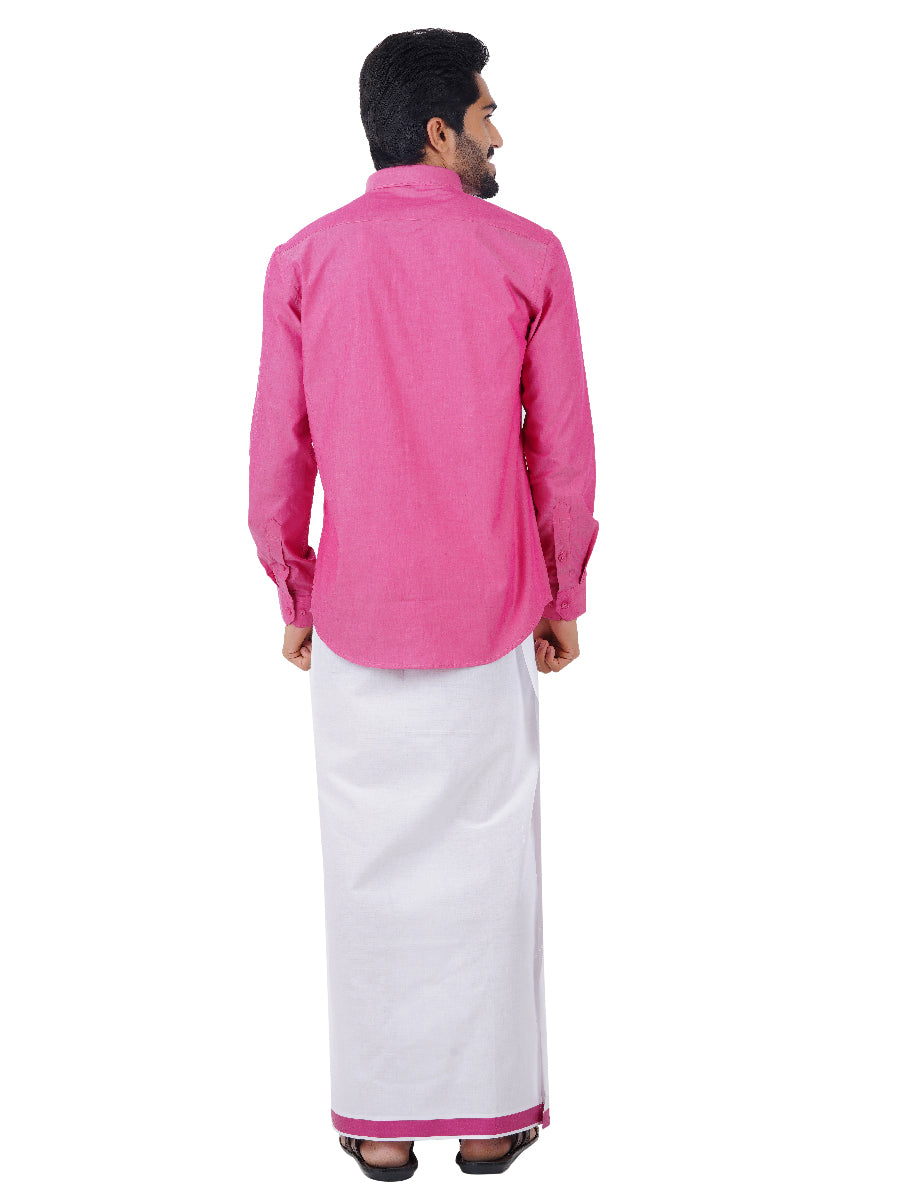 Mens Fancy Border Dhoti & Shirt Set Full Sleeves Pink G110-Back view