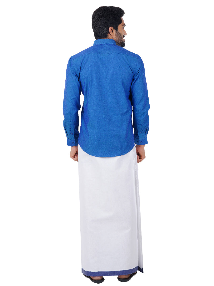 Mens Fancy Border Dhoti & Shirt Set Full Sleeves Blue G101-Back view