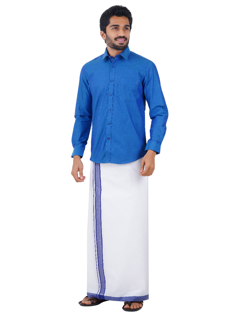 Mens Fancy Border Dhoti & Shirt Set Full Sleeves Blue G101-Side view
