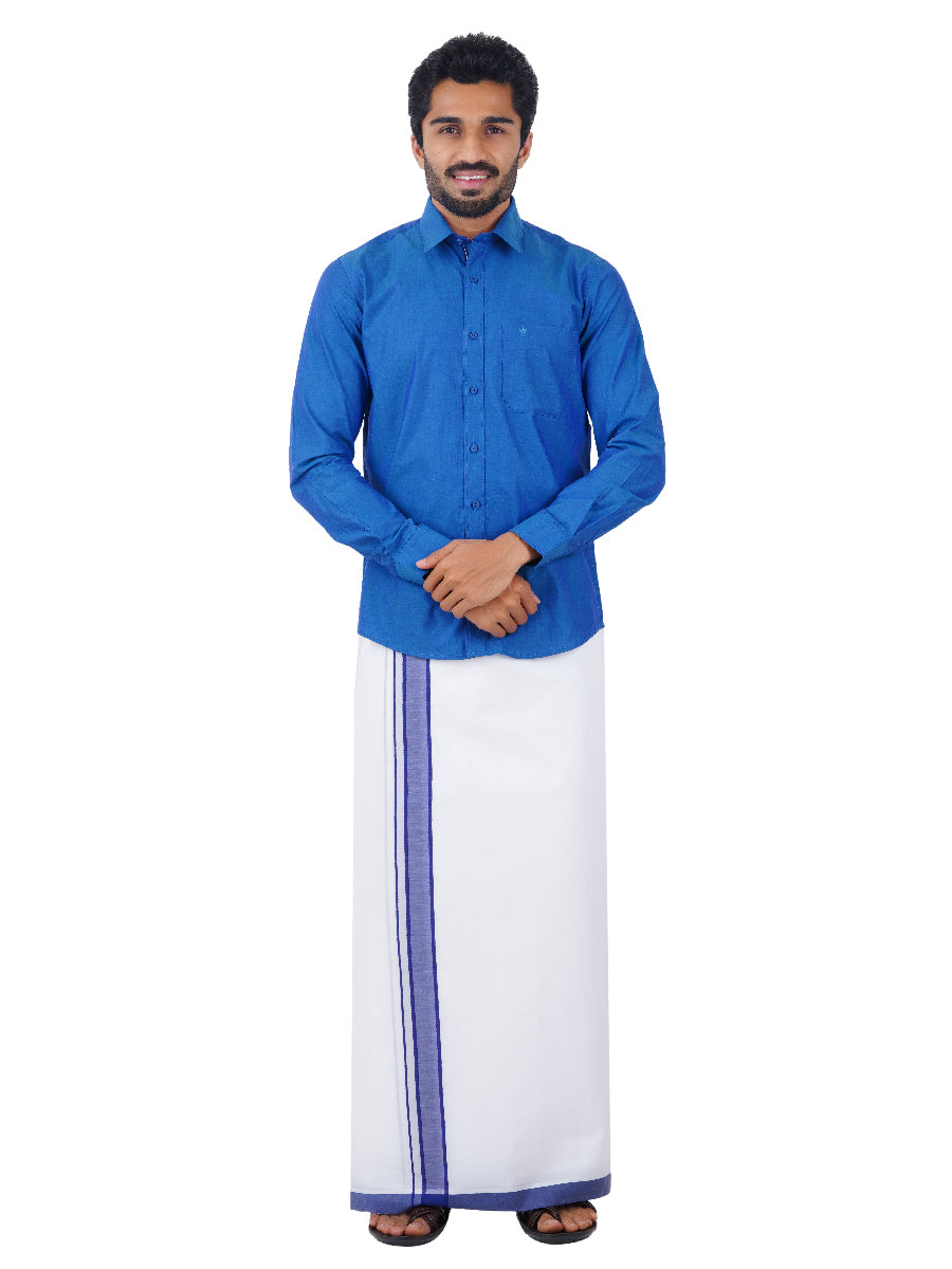 Mens Fancy Border Dhoti & Shirt Set Full Sleeves Blue G101-Front view