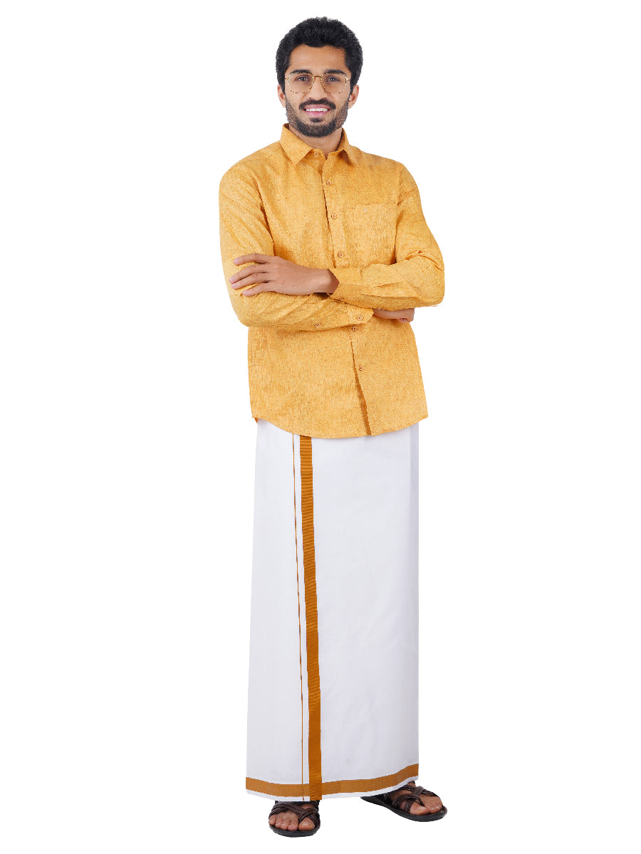 Mens Matching Border Dhoti & Shirt Set Full Mustard C1-Front view