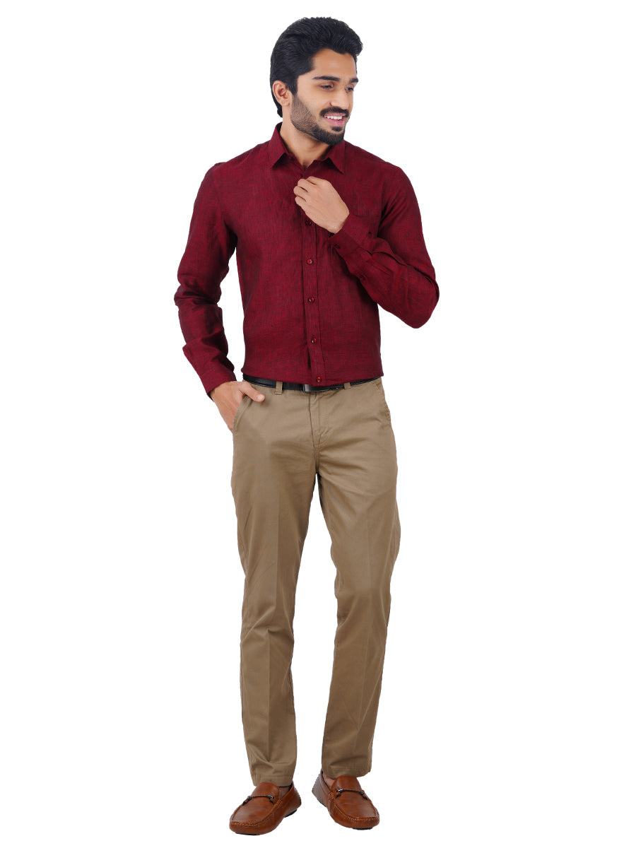 Mens Pure Linen Full Sleeves Shirt Maroon-Full view