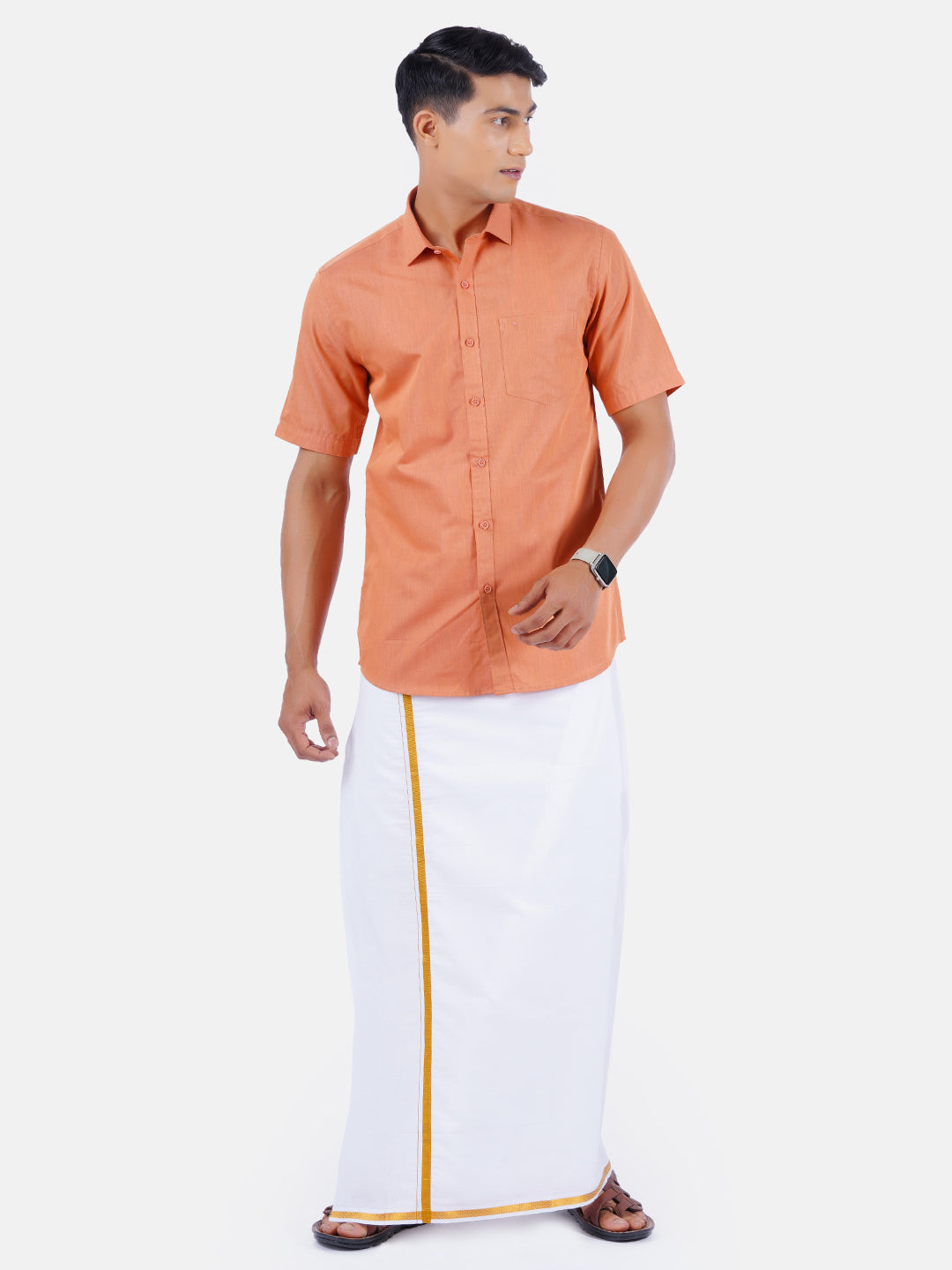 Mens Cotton Half Sleeves Shirt with 3/4'' Gold Jari Dhoti Combo