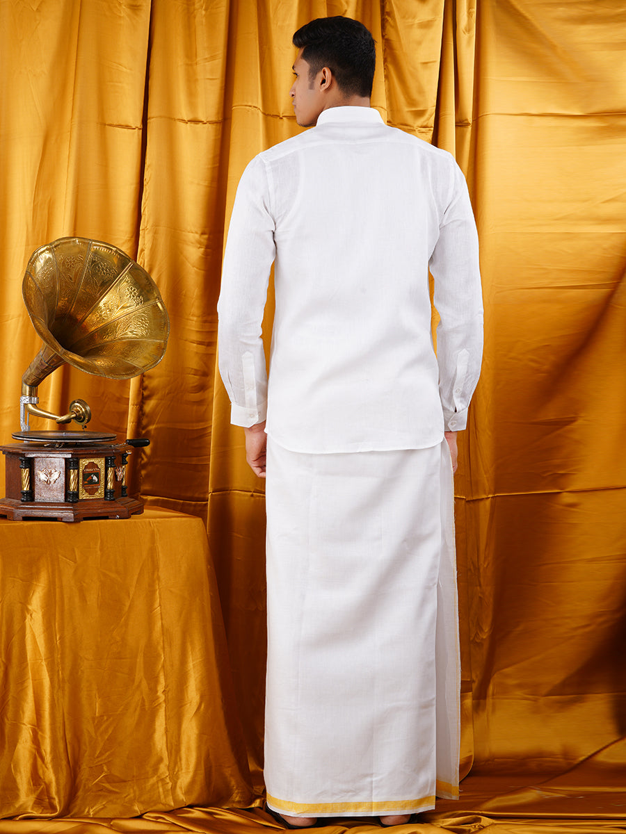 Mens Premium Pure Linen Shirt Full Sleeve with Double Dhoti White 770-Back view