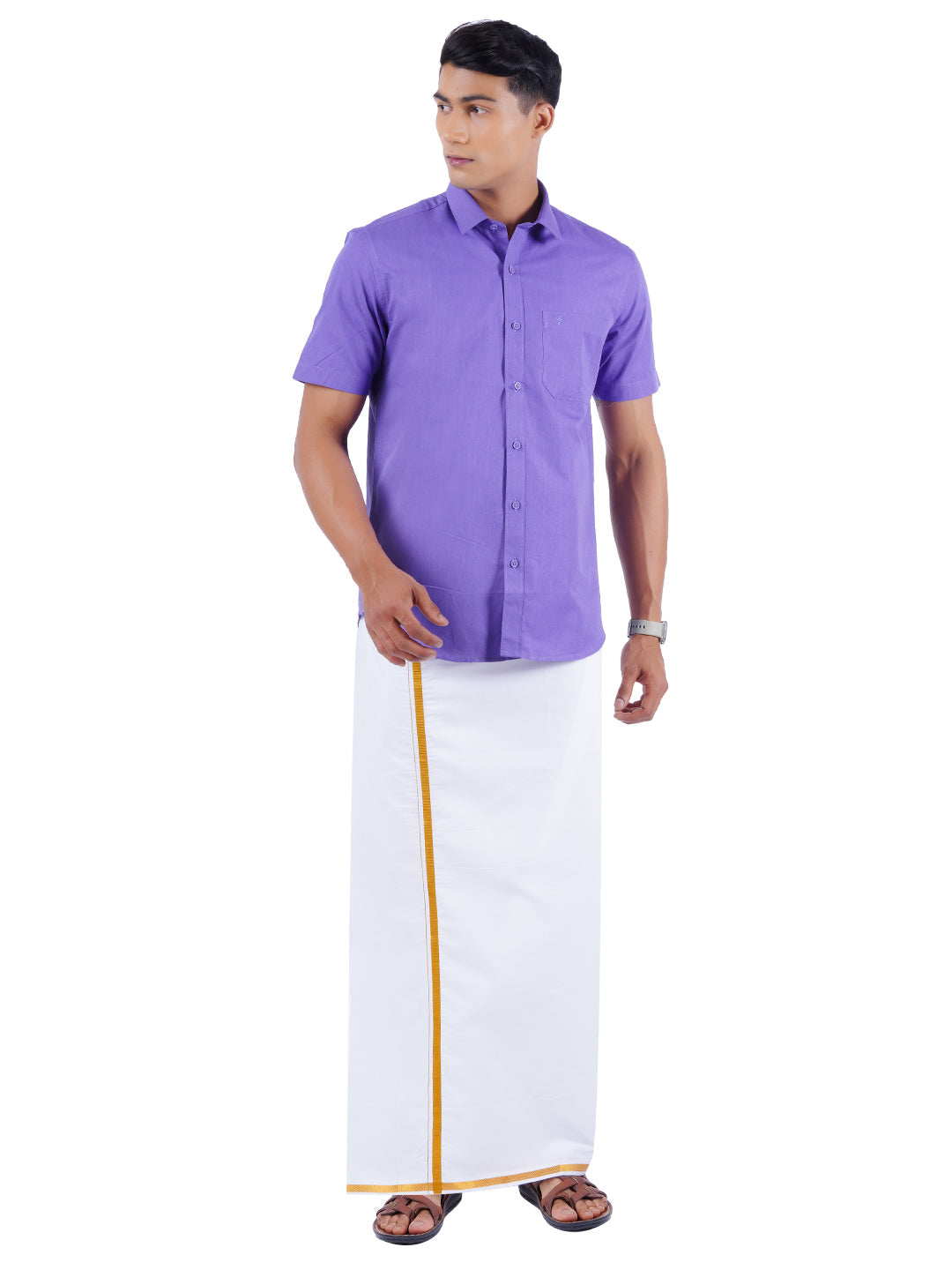 Mens Cotton Color Half Sleeves Shirt with 1/2'' Gold Jari Dhoti Combo